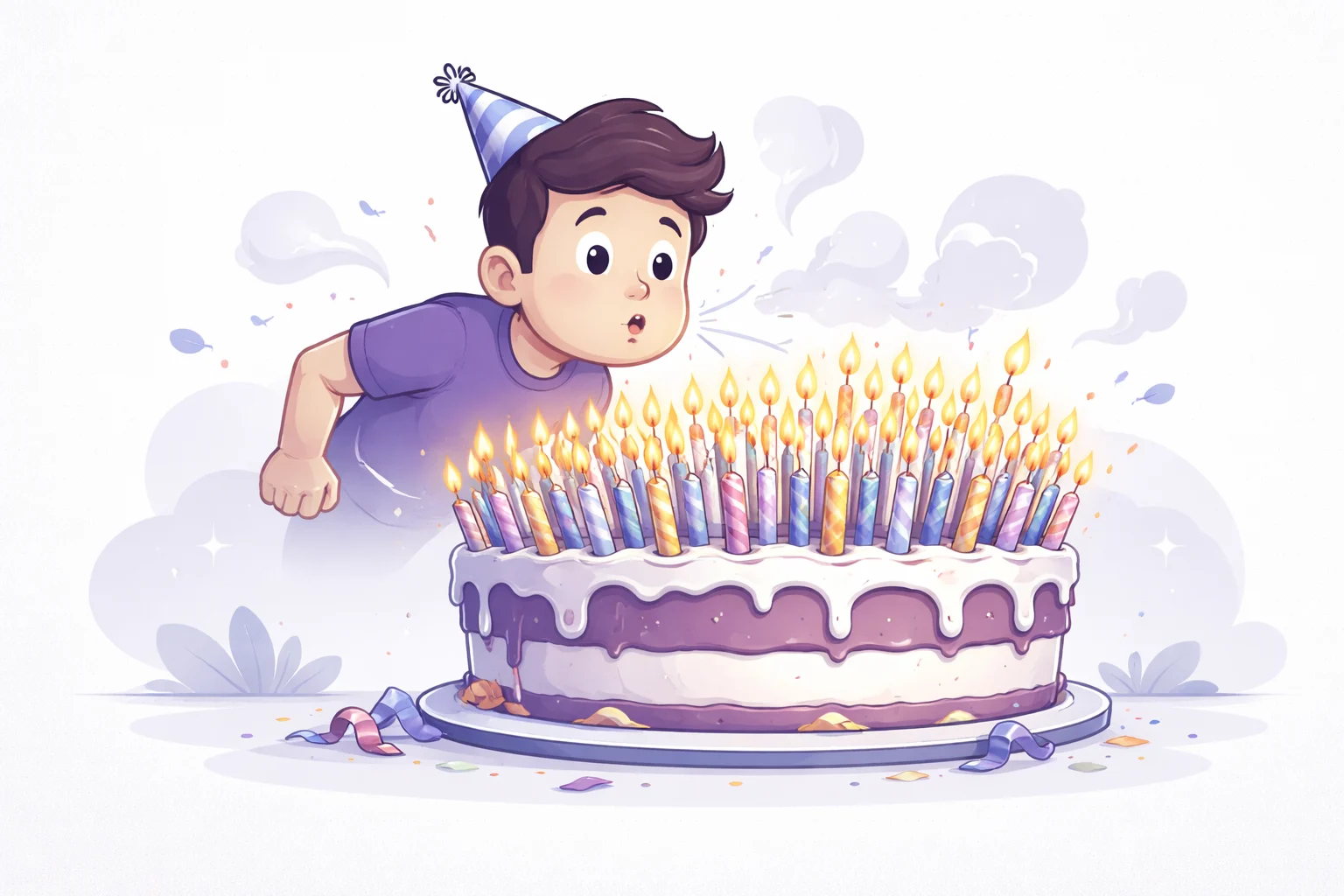 A birthday cake with way too many candles, and a character trying to blow them all out. Represents the accumulation of time.