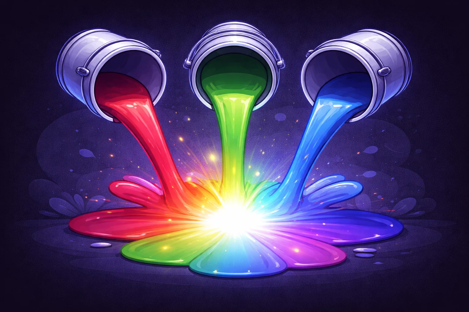 Three buckets of paint (Red, Green, Blue) pouring onto a surface. Where they all mix in the middle, instead of making brown mud (like paint), they make a glowing bright white light. This illustrates additive color mixing.