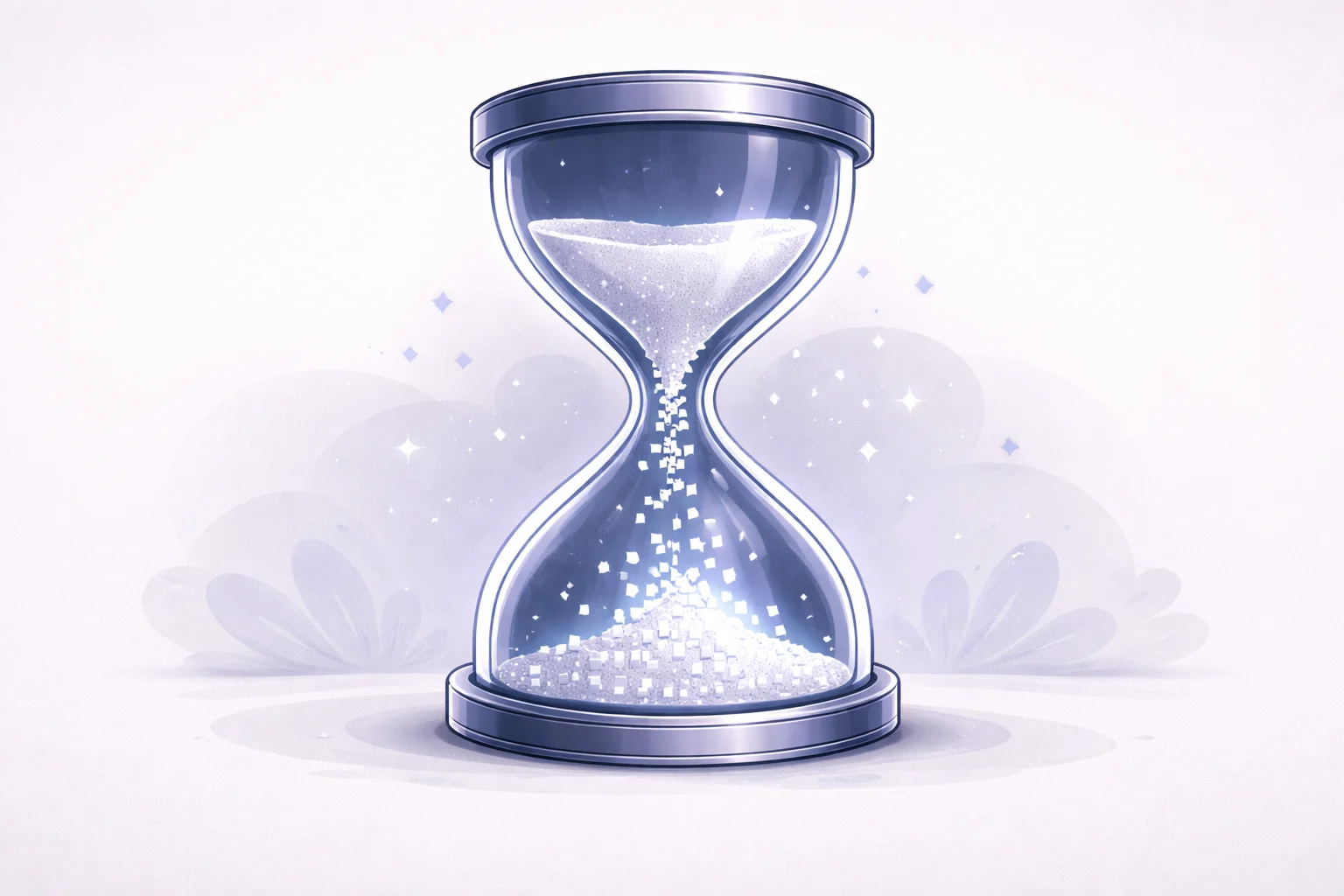 A black and white cartoon of a modern hourglass where the sand is turning into digital pixels as it falls.
