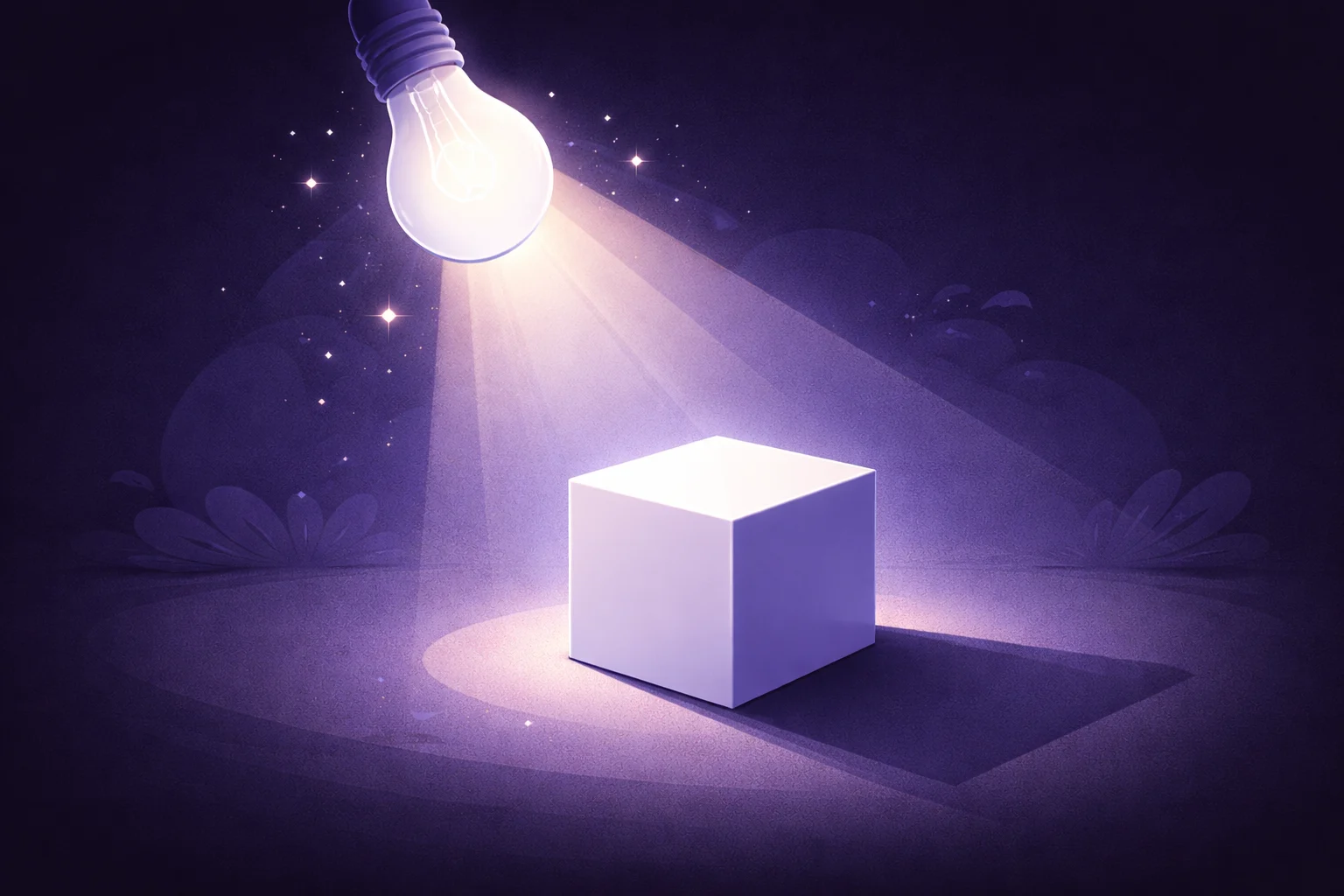 A black and white cartoon of a light bulb shining on a cube, casting a realistic shadow that demonstrates the physics of light.