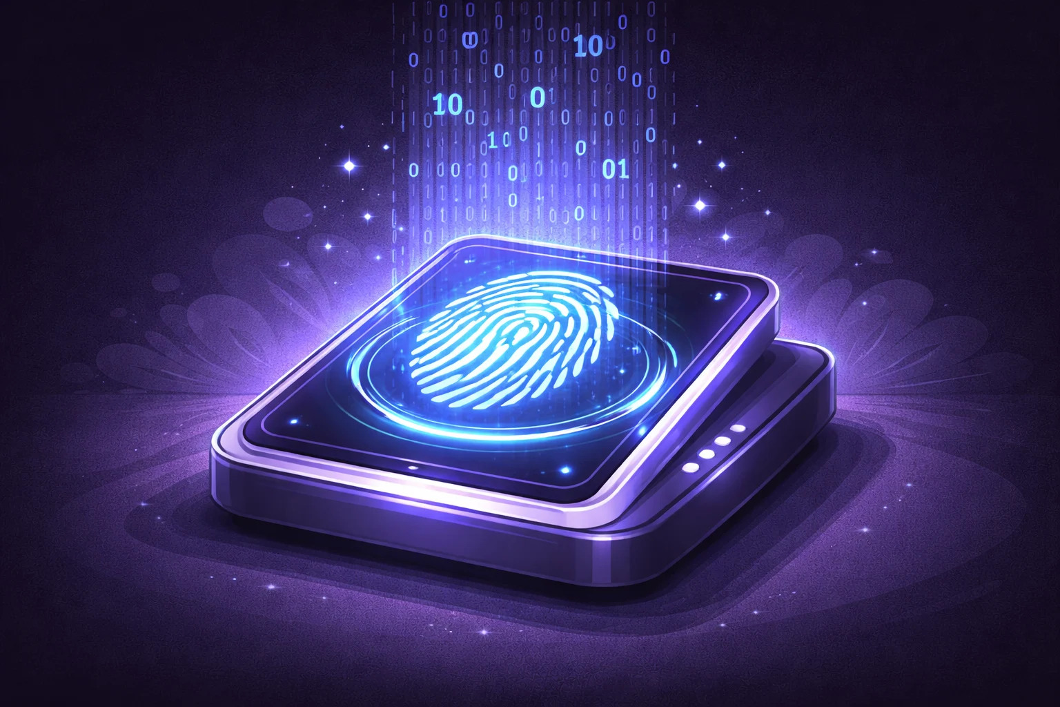 A black and white cartoon of a digital fingerprint scanner analyzing a stream of binary code.