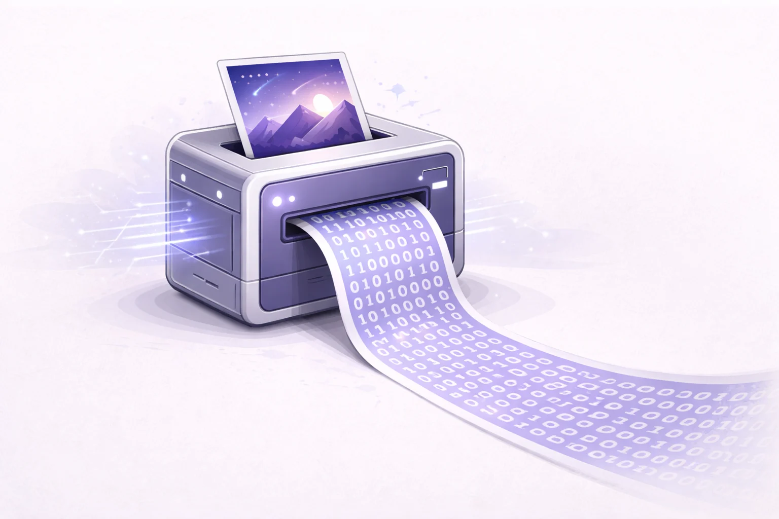 A black and white cartoon of a photograph being fed into a machine and coming out as a long stream of 1s and 0s.