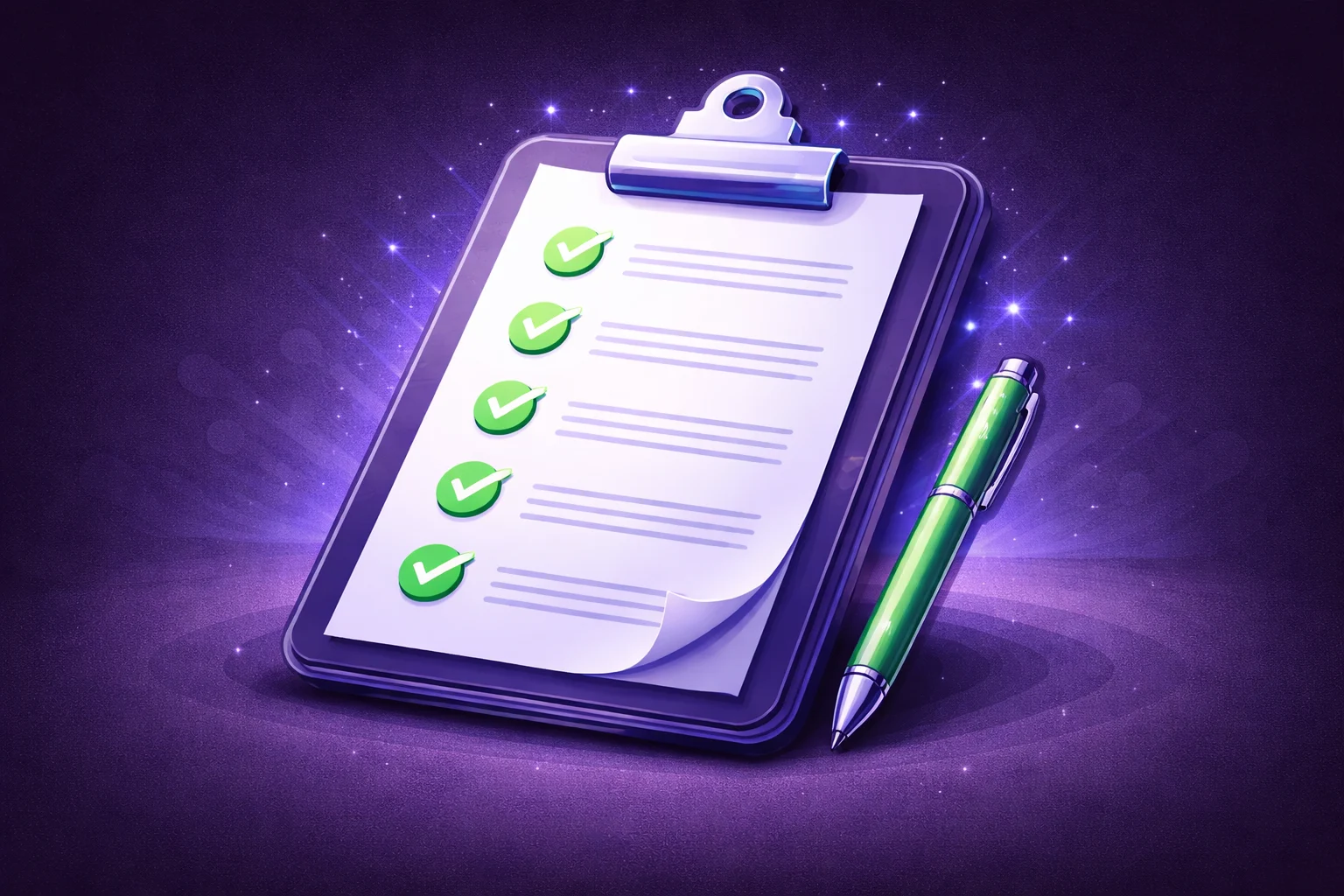 A black and white cartoon of a clipboard with a checklist, where every item has a satisfying green checkmark.