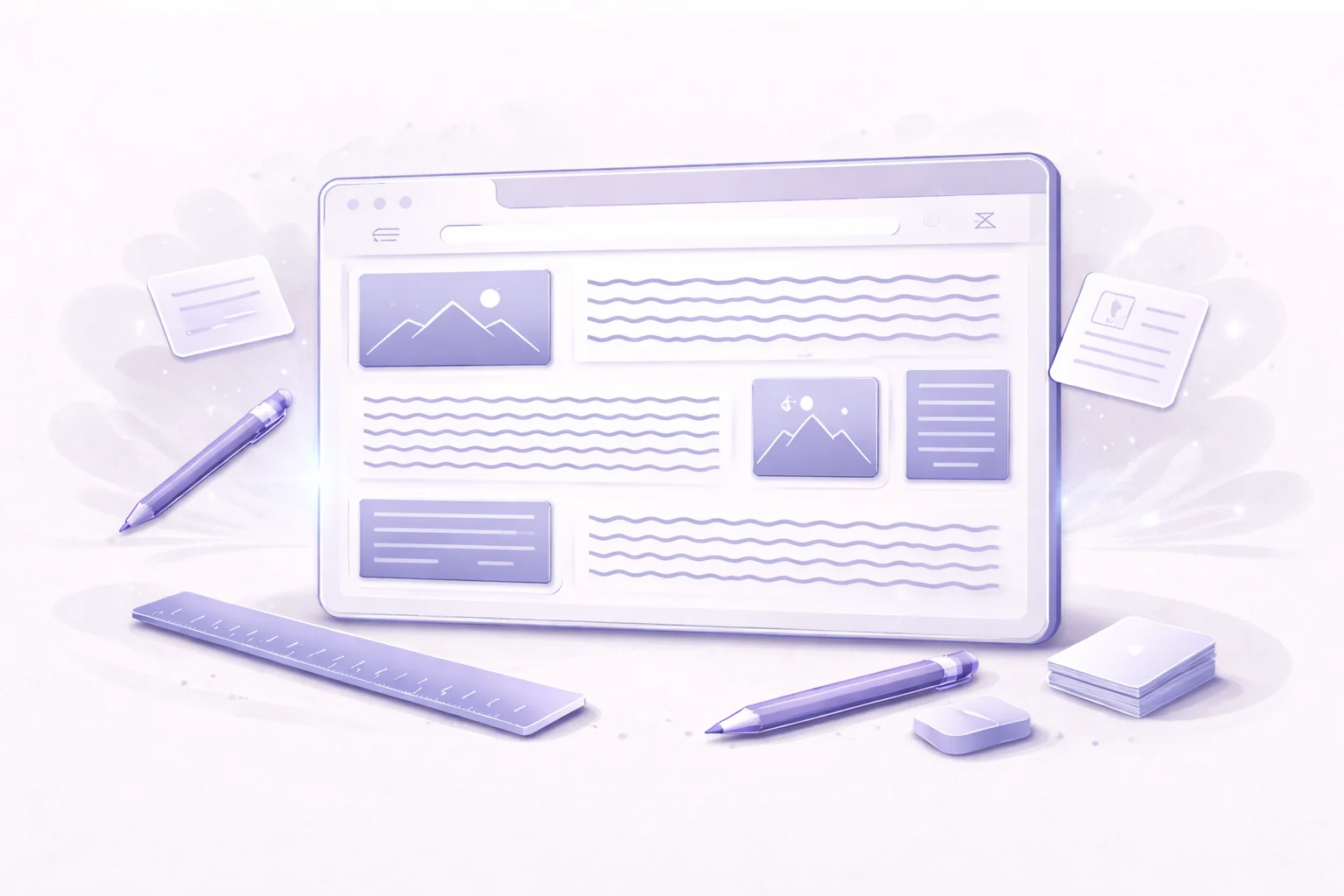 A black and white cartoon of a website blueprint where blocks of text are represented by wavy lines to emphasize layout over content.