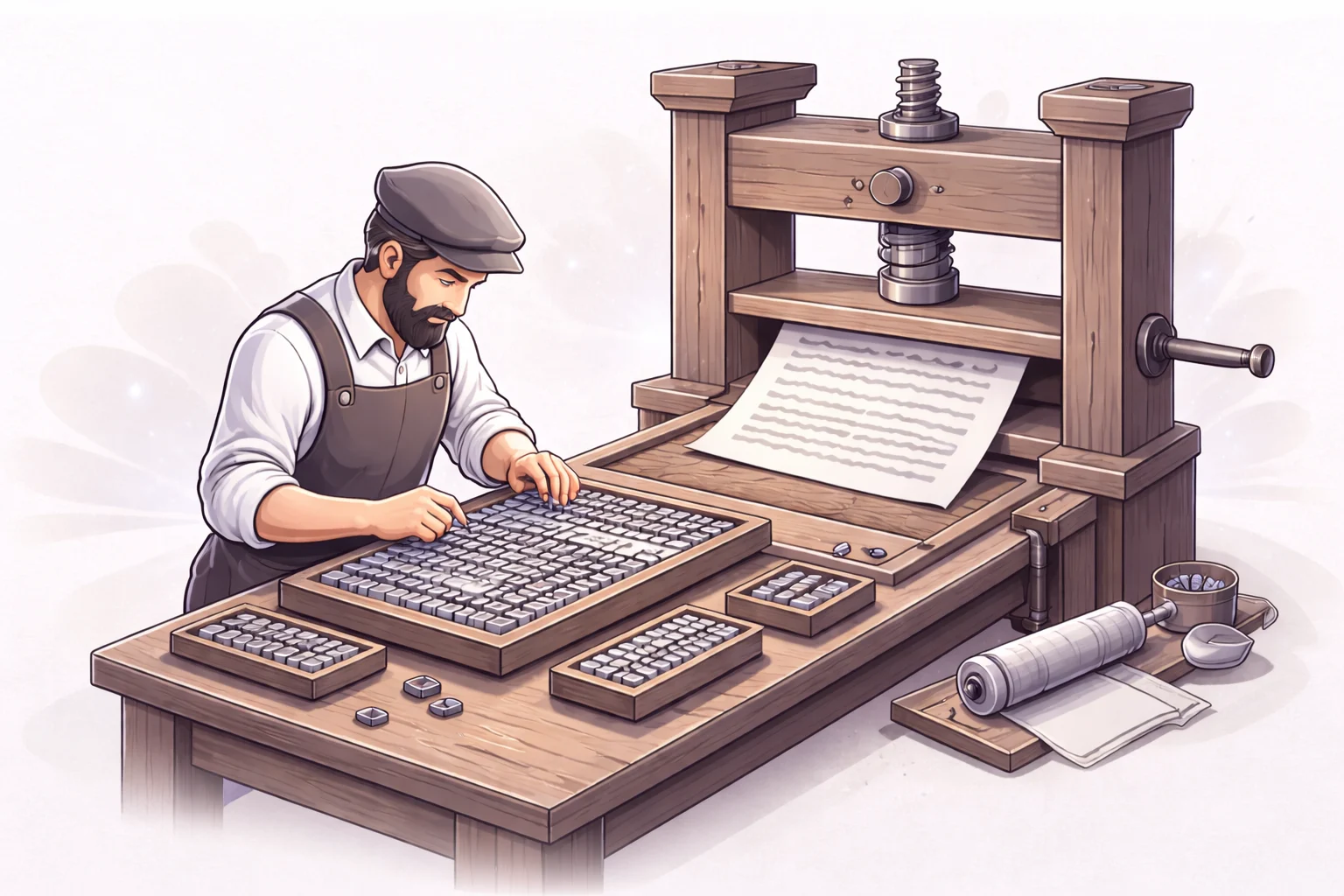 A black and white cartoon of an ancient wooden printing press with letters being arranged by a typesetter.