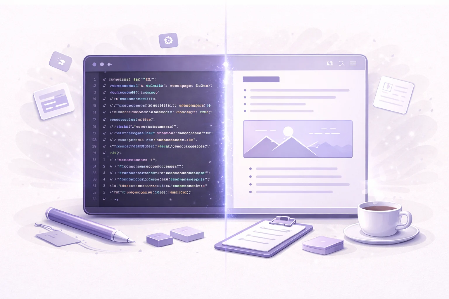 A split screen showing raw code on one side (messy, complex) and a beautiful, clean document on the other side (organized, readable).