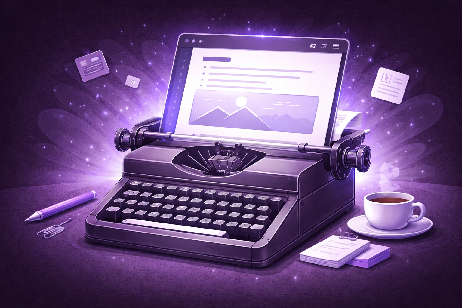 An old-school typewriter with a modern tablet screen coming out of the paper slot. Represents the blend of simple text and rich output.