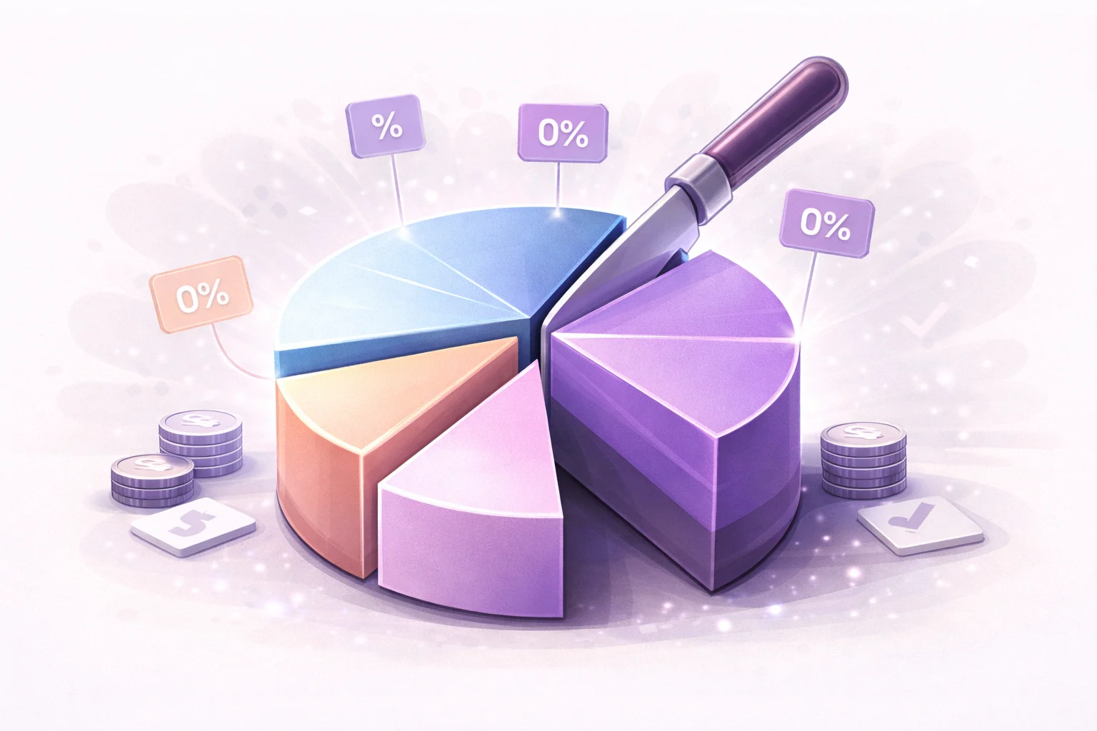 A black and white cartoon of a pie chart being sliced into clearly labeled percentage segments.