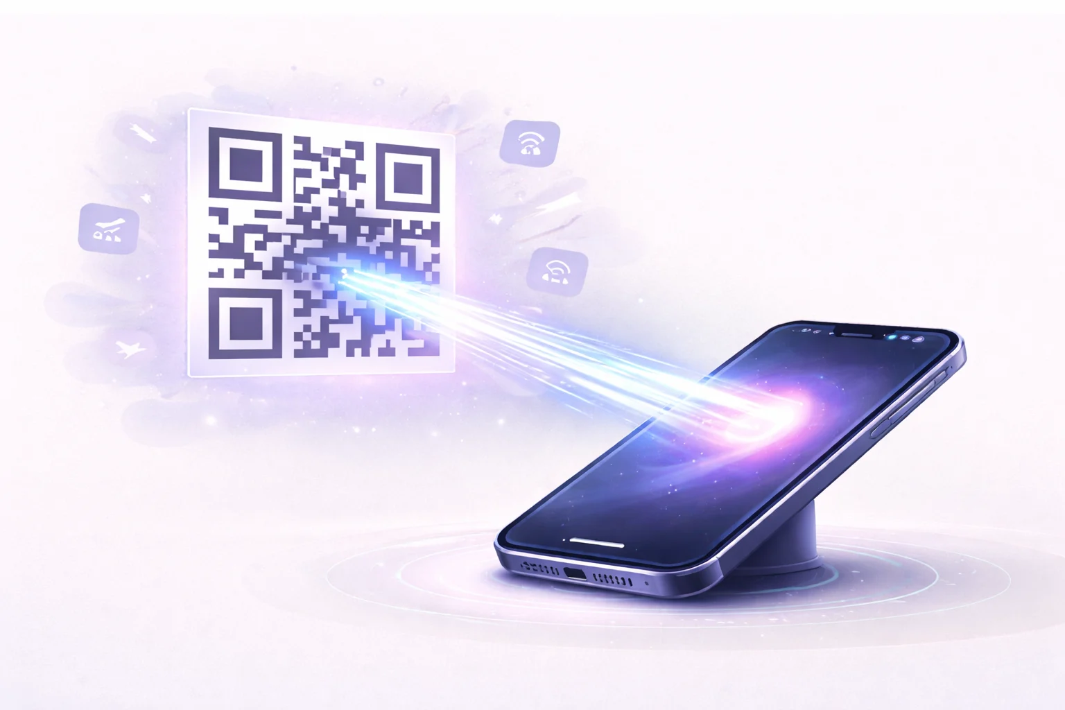 A futuristic smartphone scanning a giant QR code floating in the air. A beam of light connects the phone to the code, symbolizing data transfer.