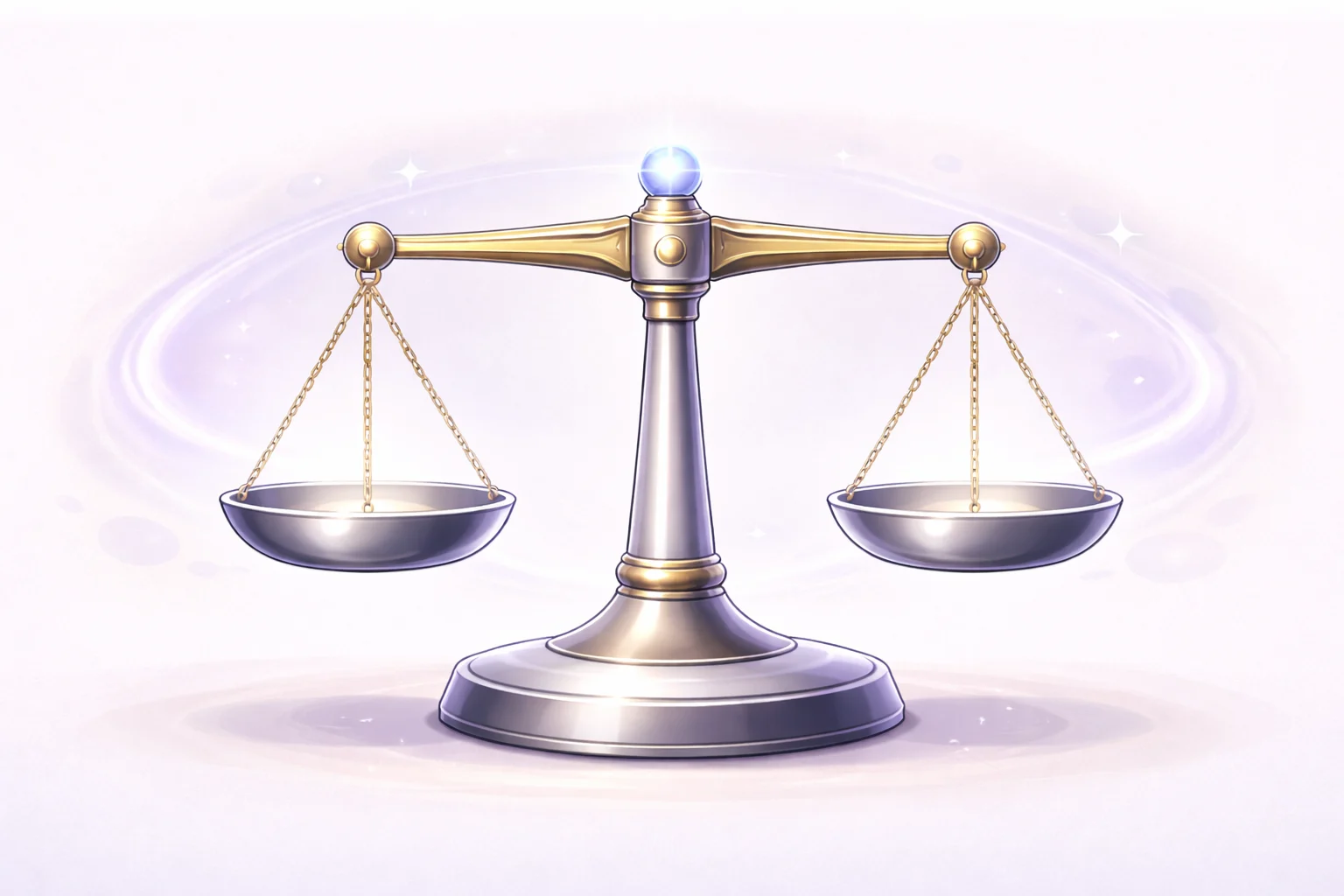 A black and white cartoon of a balance scale, showing two sides in perfect equilibrium.