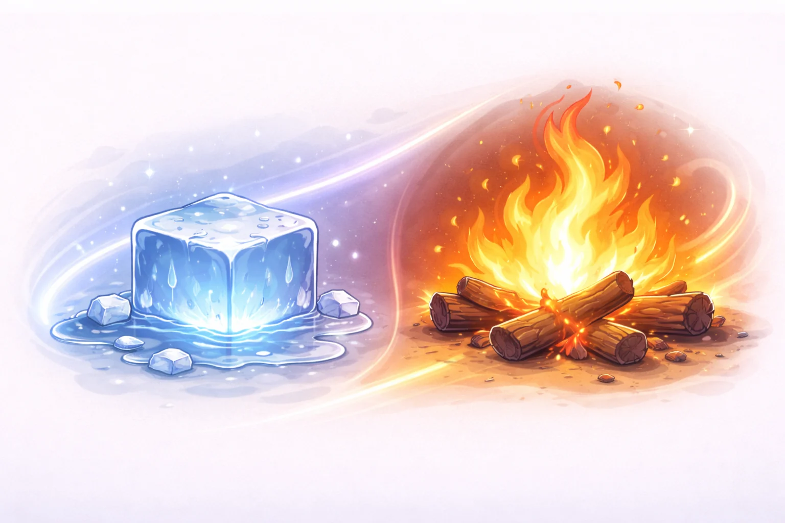 A black and white cartoon showing an ice cube melting on one side and a fire burning on the other, representing the extremes of temperature.