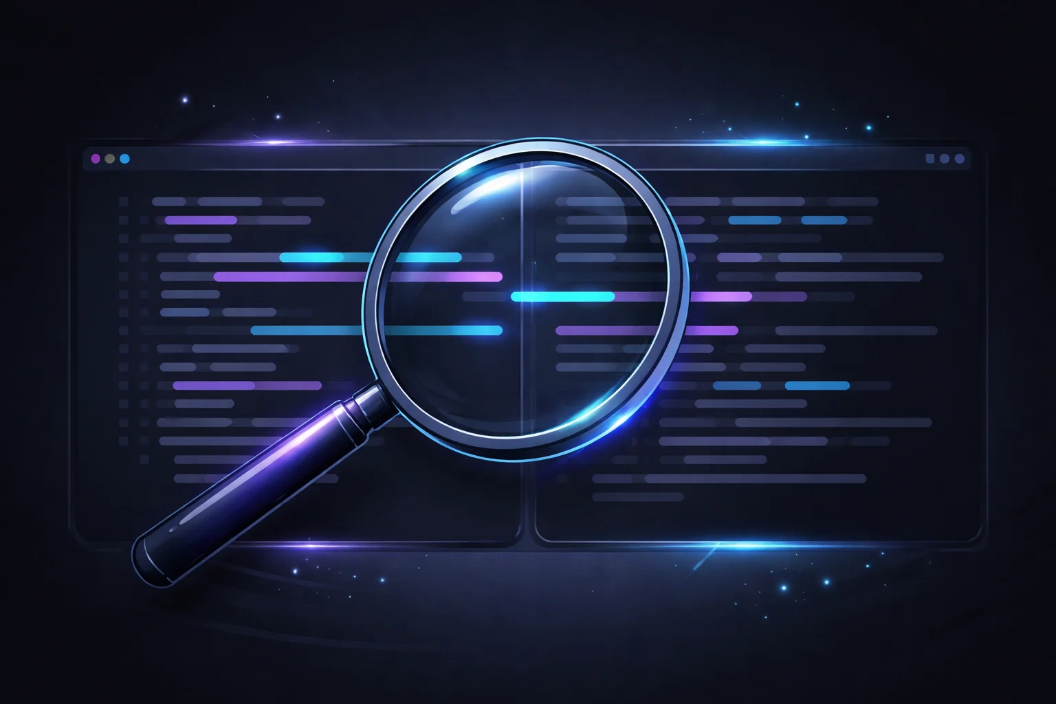 A black and white cartoon of a magnifying glass hovering over lines of computer code, revealing hidden changes.