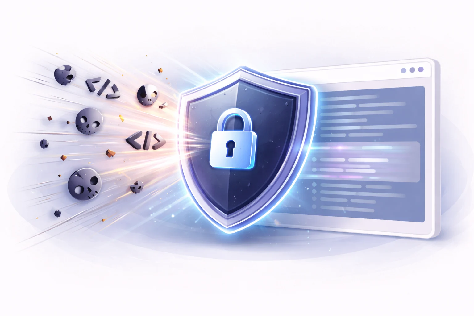 A black and white cartoon of a digital shield blocking malicious code characters like < and > from entering a secure system.