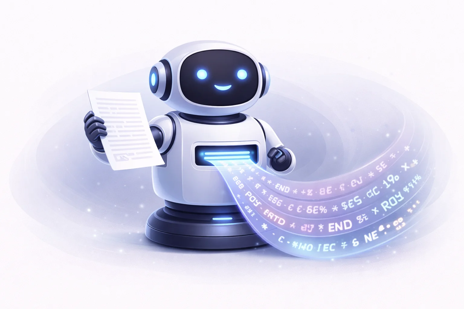 A black and white cartoon of a robot translator taking a piece of paper with human text and outputting a stream of safe, encoded symbols.