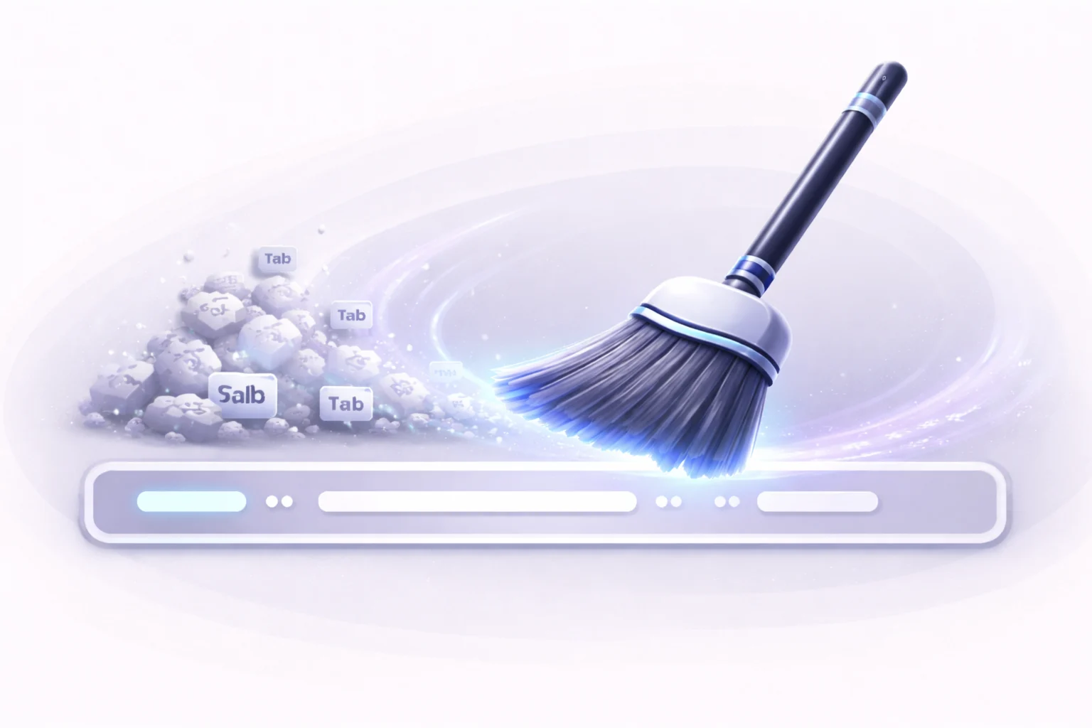 A black and white cartoon of a broom sweeping away piles of unnecessary whitespace characters from a sentence.