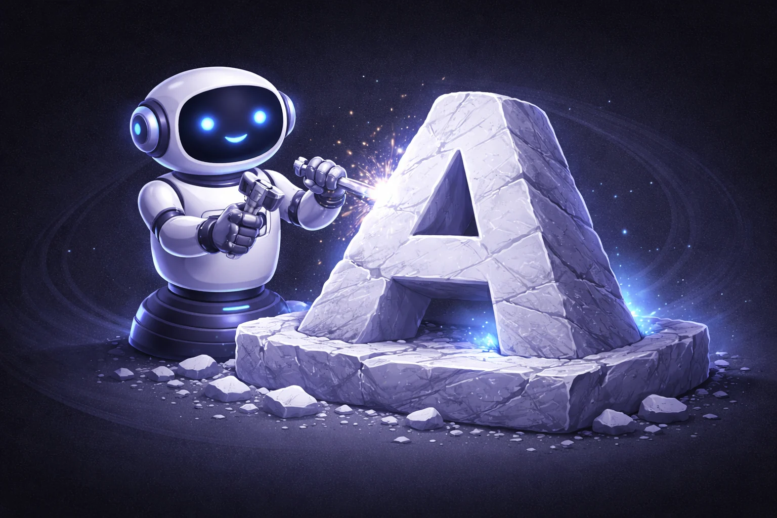 A black and white cartoon of a sculptor chiseling a rough block of stone (text) into a perfectly smooth, shaped letter 'A'.