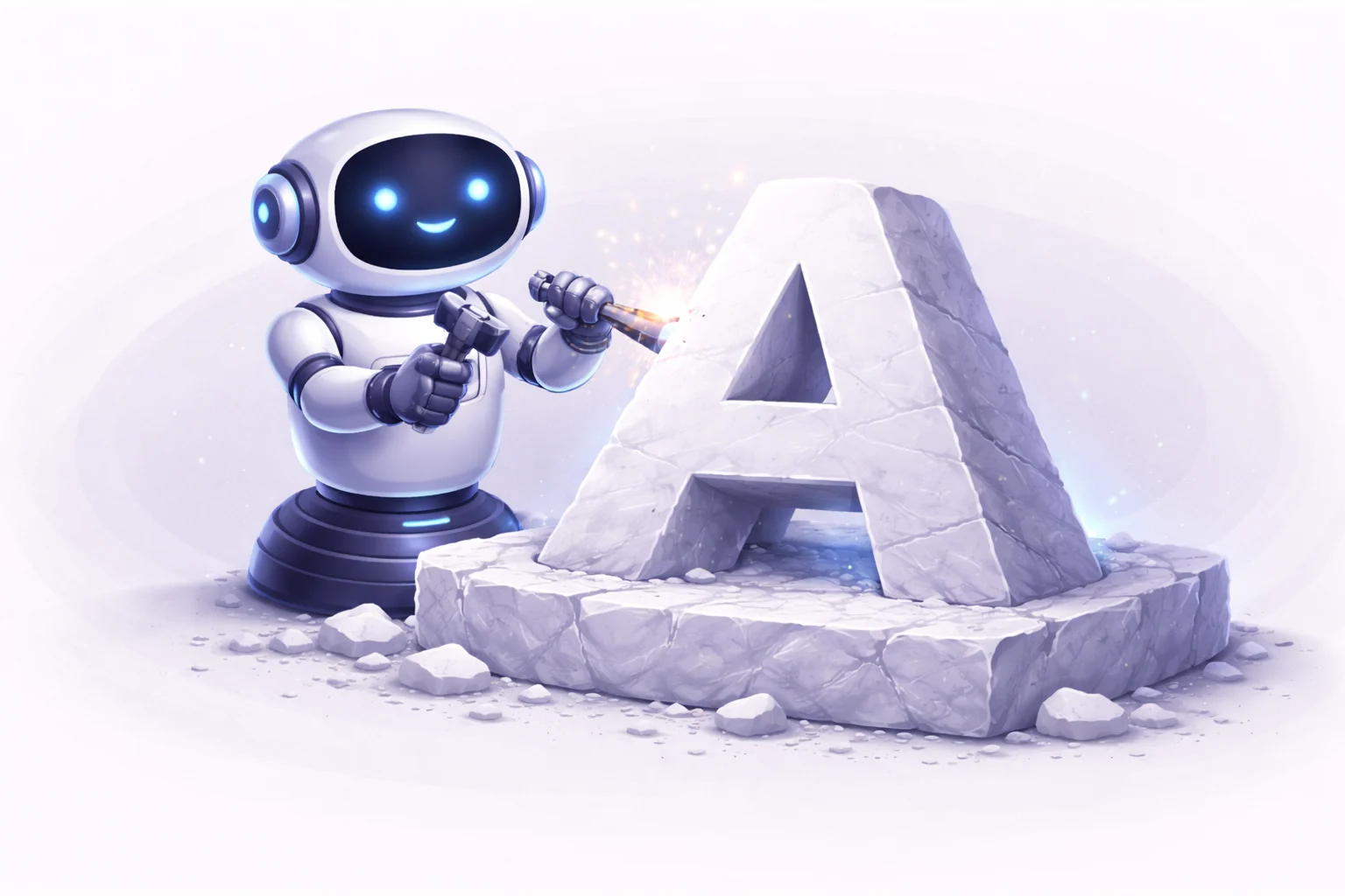 A black and white cartoon of a sculptor chiseling a rough block of stone (text) into a perfectly smooth, shaped letter 'A'.