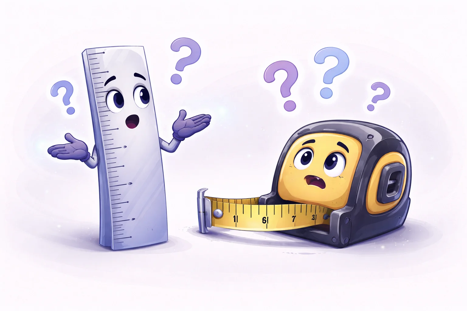 A cartoon ruler and a tape measure having a disagreement. One is marked in centimeters, the other in inches. They look confused.