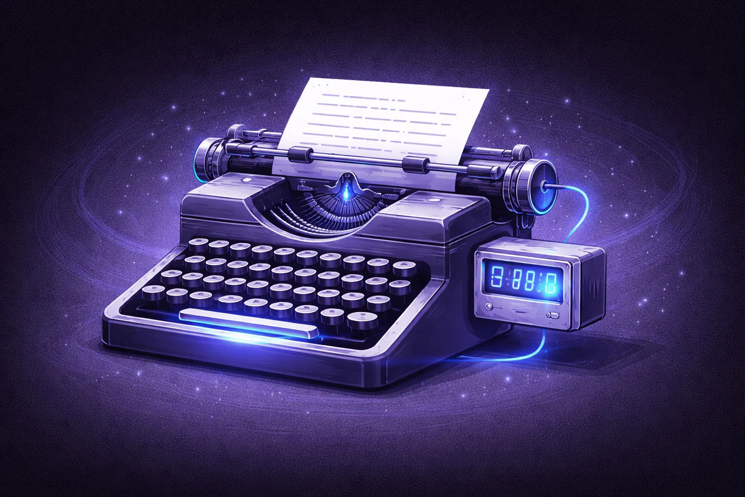 A black and white cartoon of an old-fashioned typewriter with a digital counter attached to the side, tallying up the words.